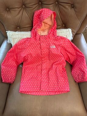 The North Face Girls' Coral Pink Polka Dot Hooded Rain Jacket